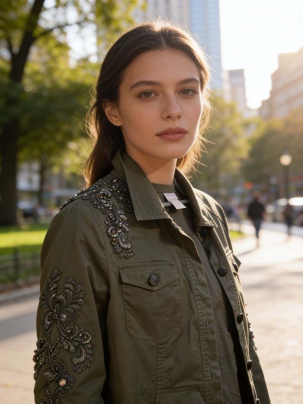 Chico's Utility Jacket Size 1P US 8-10 Olive Green Embroidered
